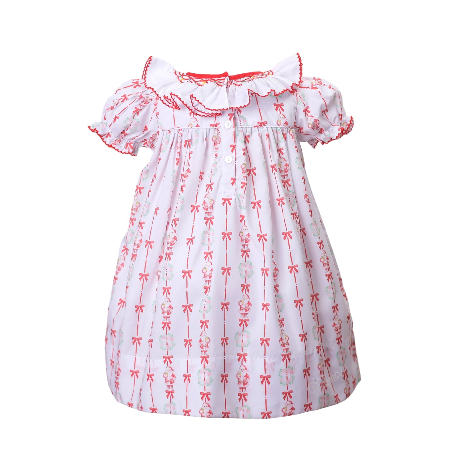 Pink Santa pattern with hand-smocked ruffle girl short sleeves dress