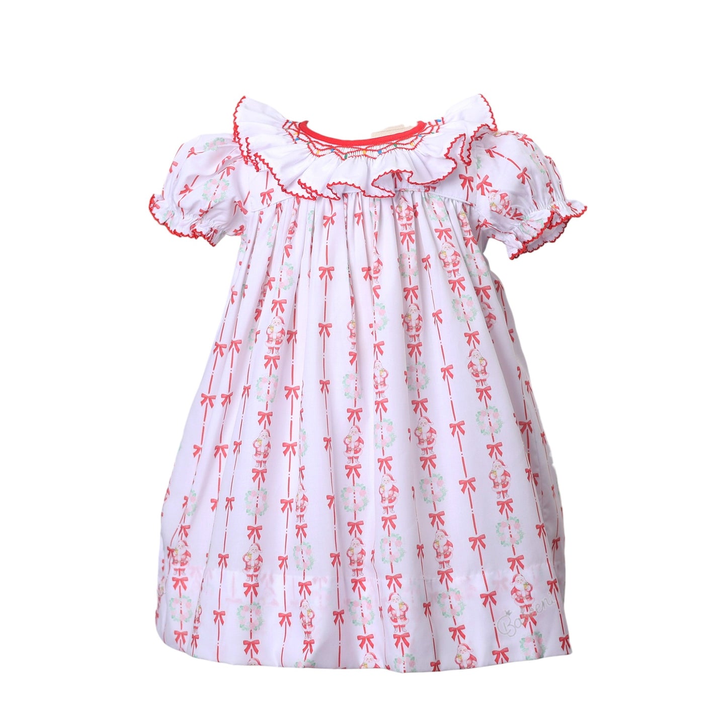 Pink Santa pattern with hand-smocked ruffle girl short sleeves dress