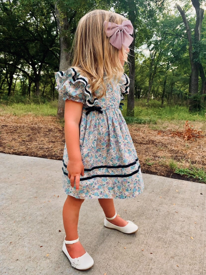 Pretty Floral Dress With Velvet bow accents and trim