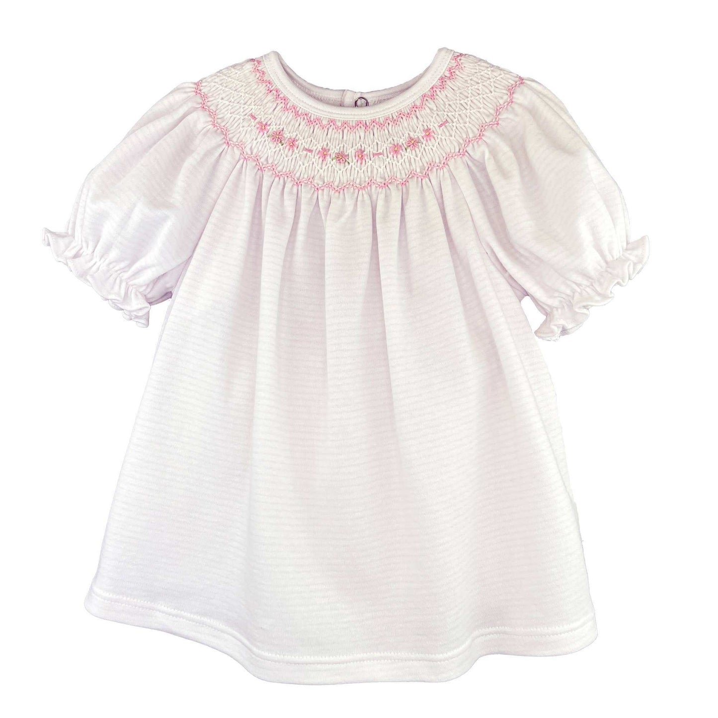 Pink Smocked and Embroidered Flower Knit Dress
