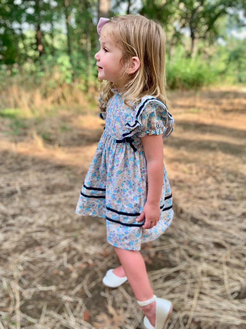 Pretty Floral Dress With Velvet bow accents and trim