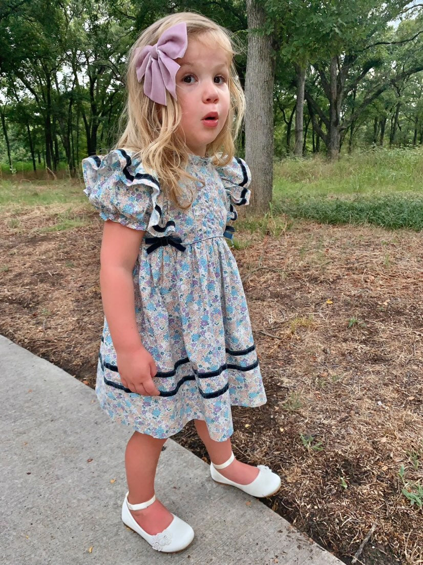 Pretty Floral Dress With Velvet bow accents and trim