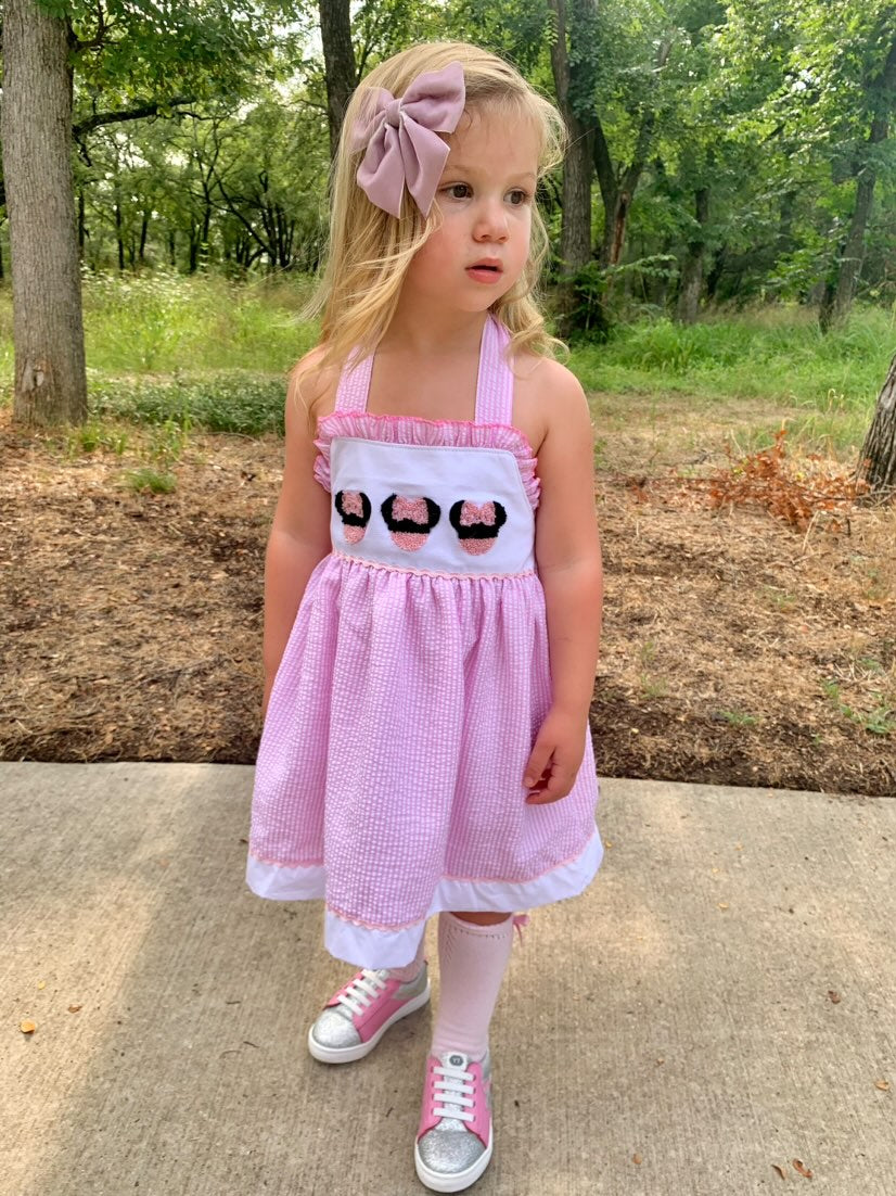 Pink character French knot seersucker dress with back bow