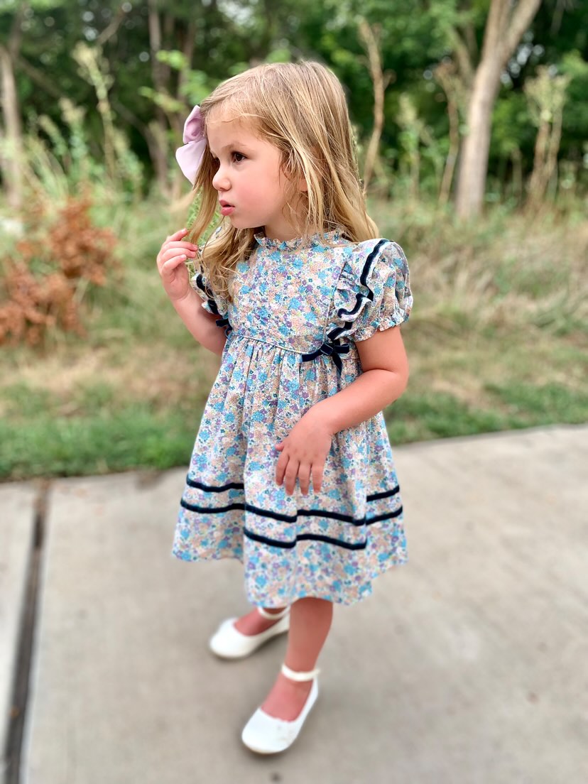 Pretty Floral Dress With Velvet bow accents and trim