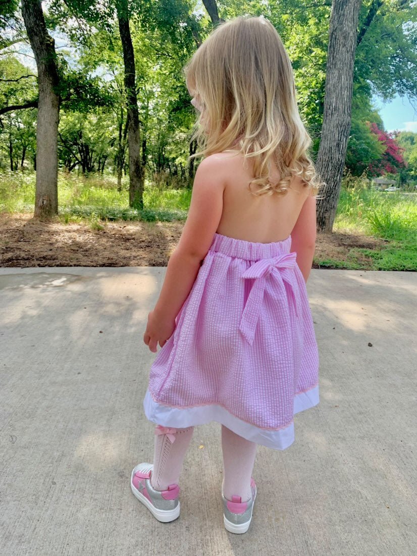 Pink character French knot seersucker dress with back bow