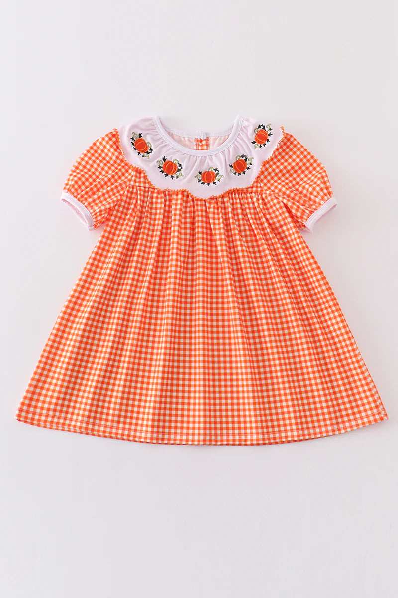 Orange Plaid Pumpkin Embroidery Dress