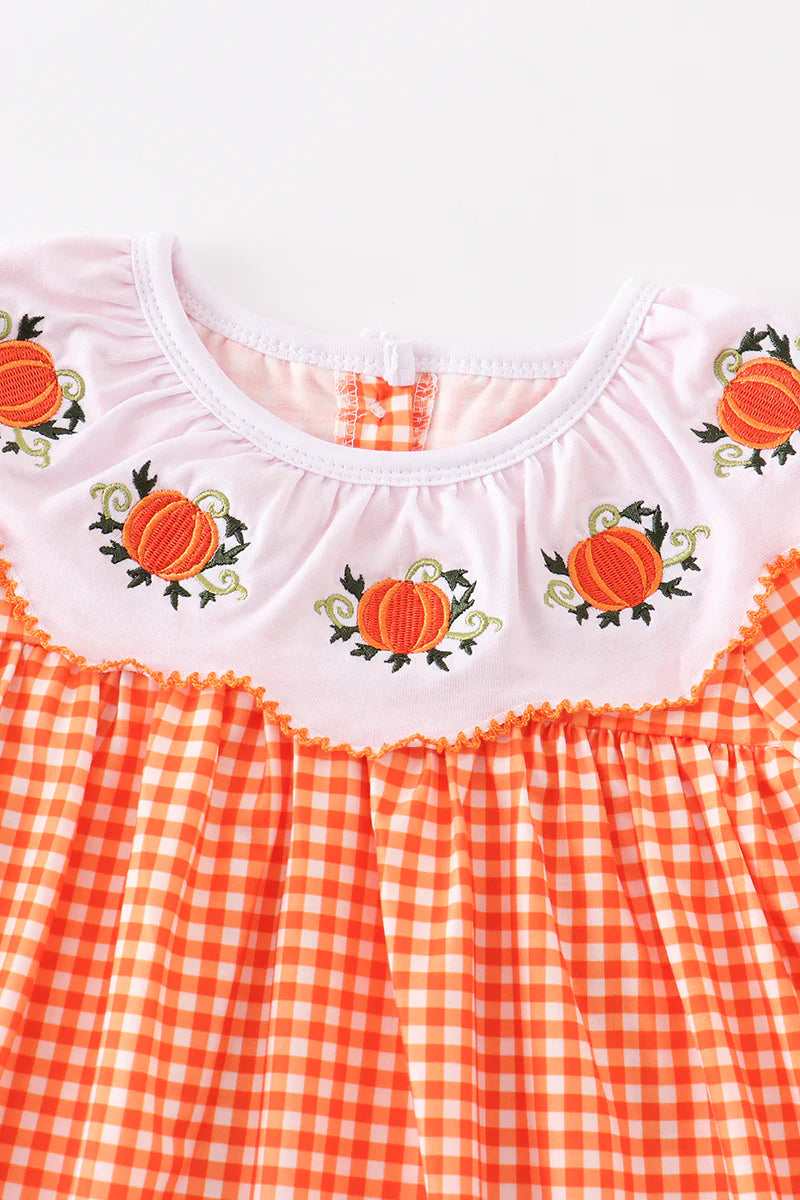 Orange Plaid Pumpkin Embroidery Dress