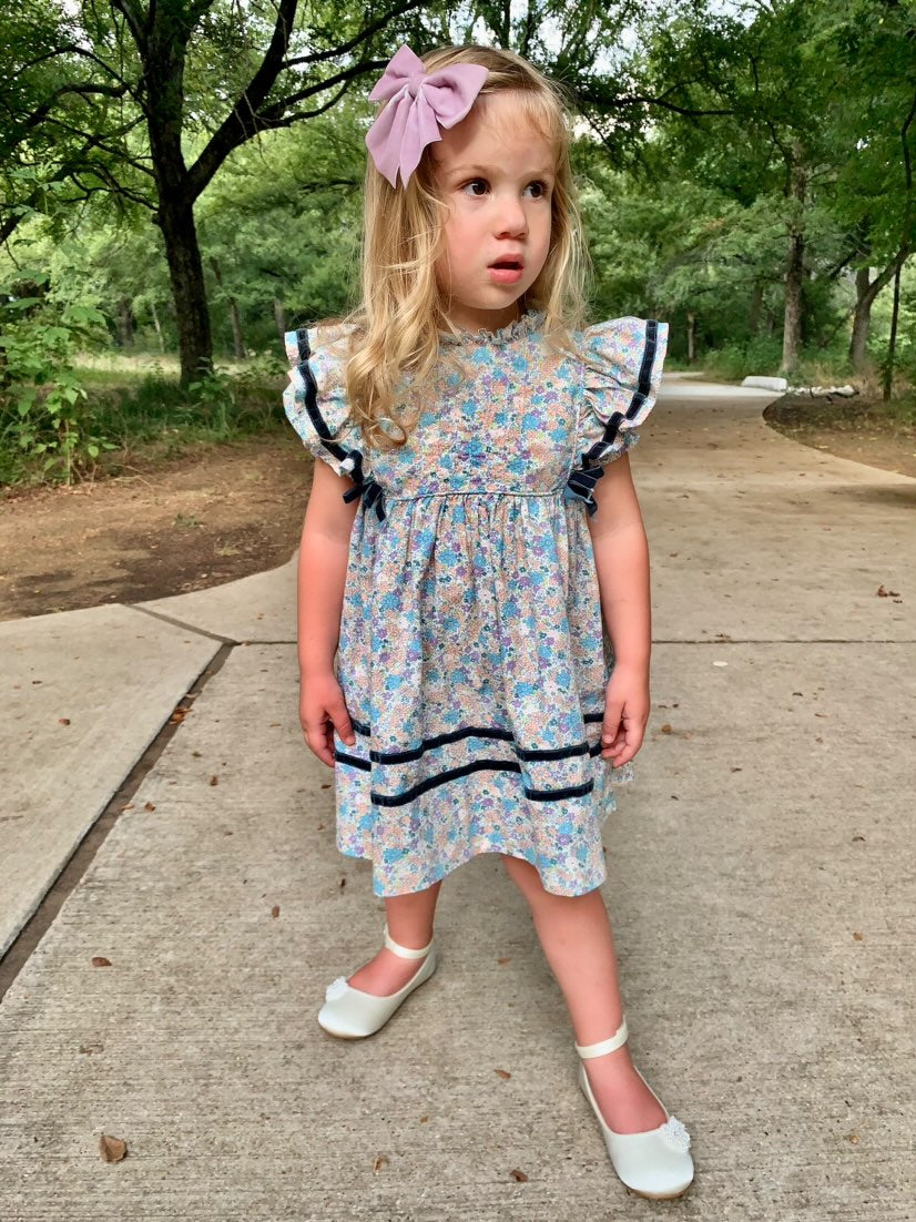 Pretty Floral Dress With Velvet bow accents and trim