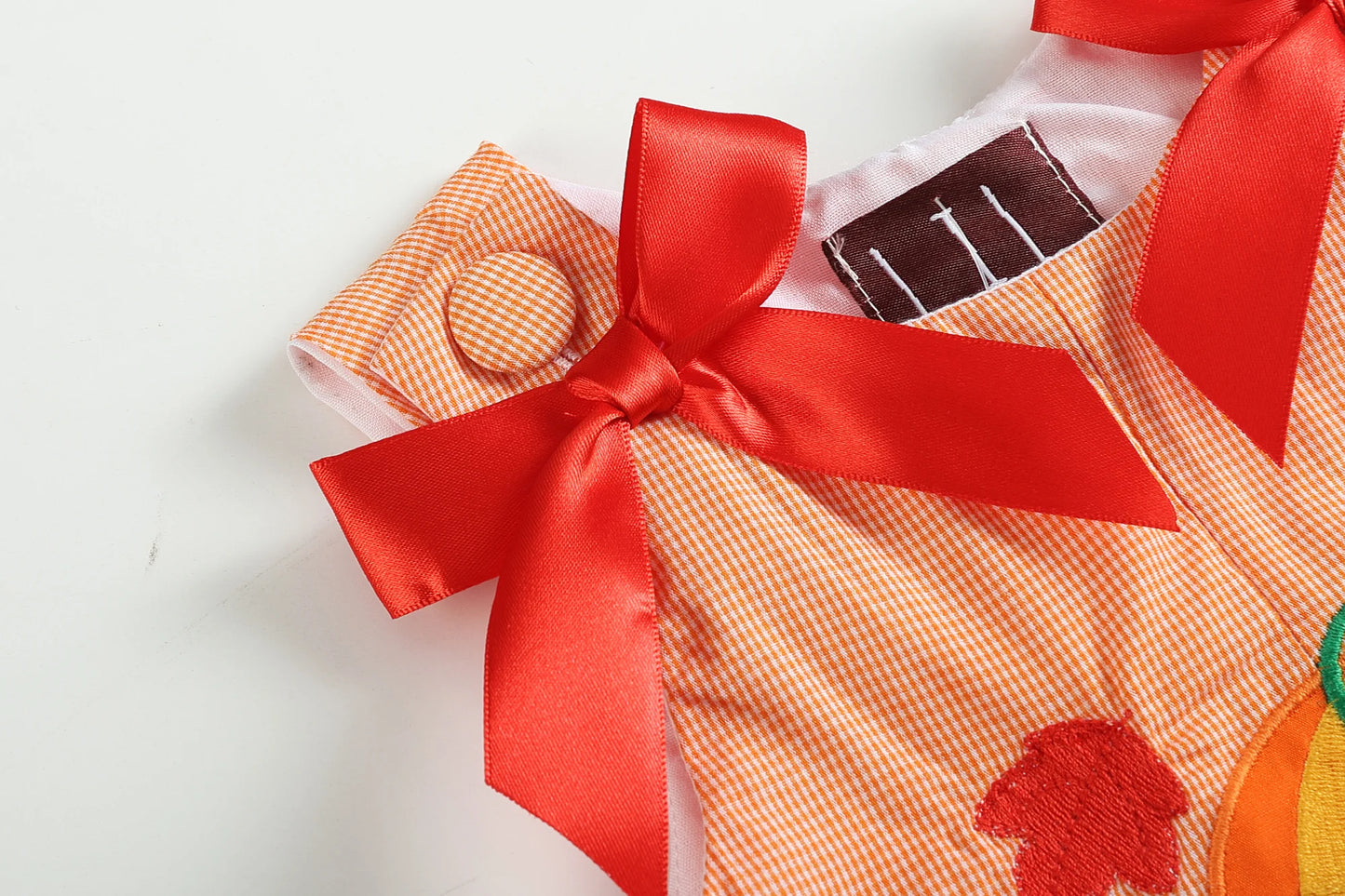 Orange Gingham Pumpkin Bow Accent Overalls