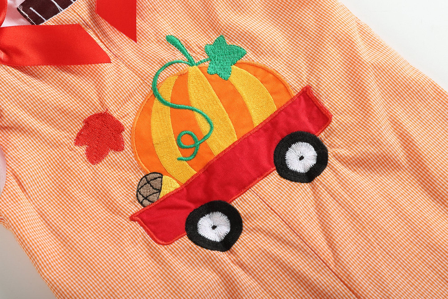 Orange Gingham Pumpkin Bow Accent Overalls
