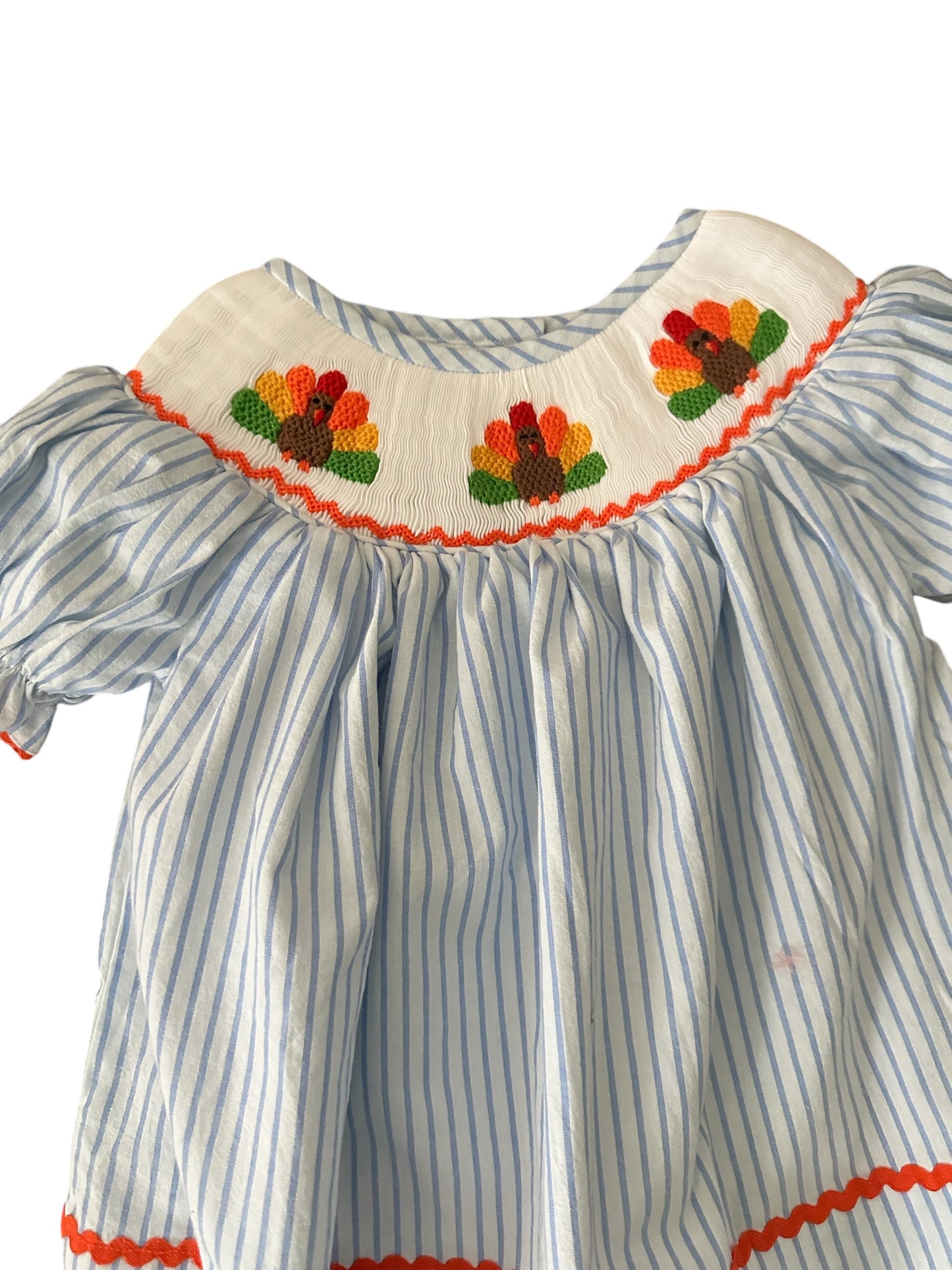 Hand smocked Blue Striped Turkey Dress