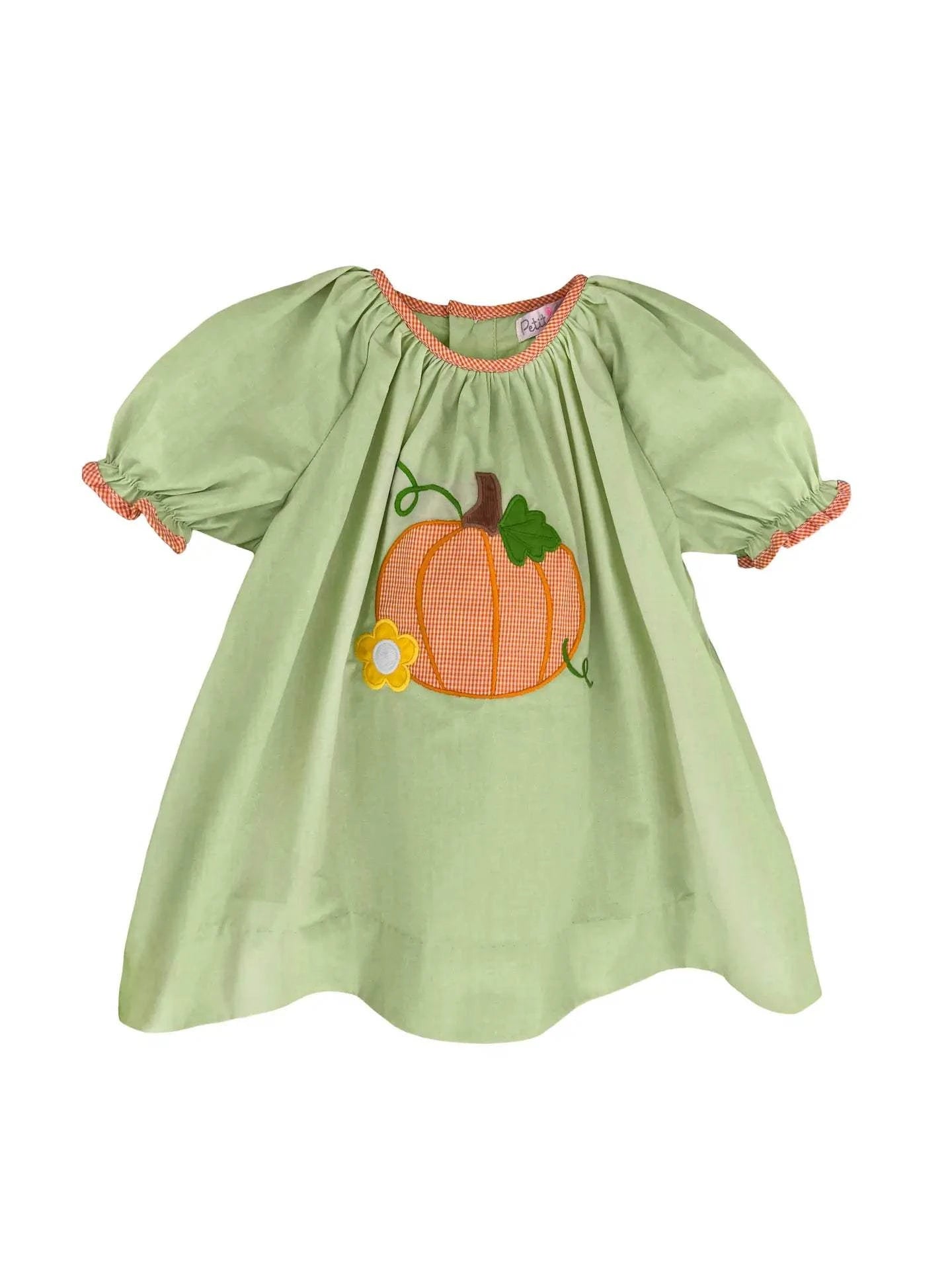 Green Gingham Dress with Pumpkin Applique