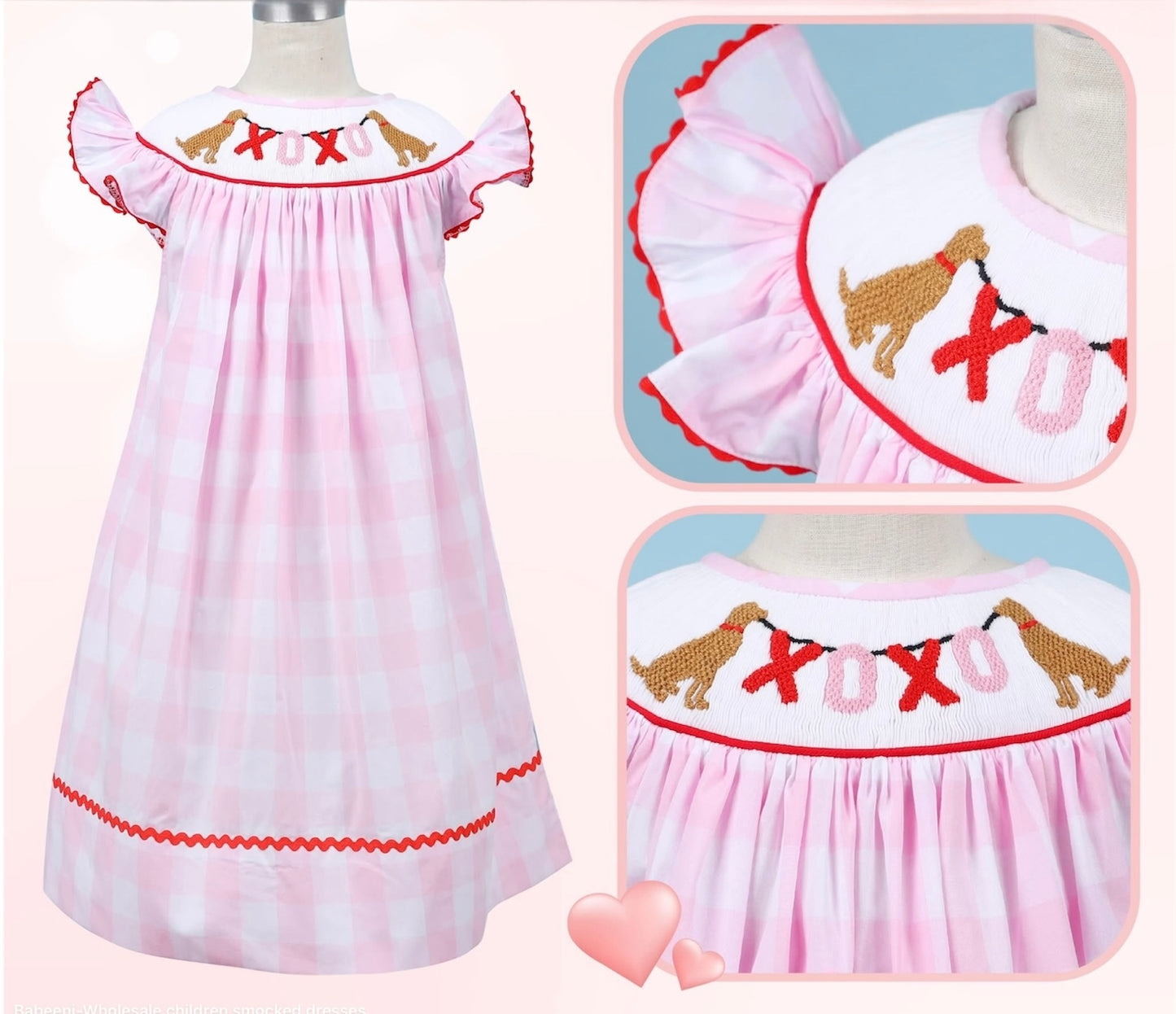 GIRLS SMOCKED DOG XOXO CHECK DRESS-Pink and Red