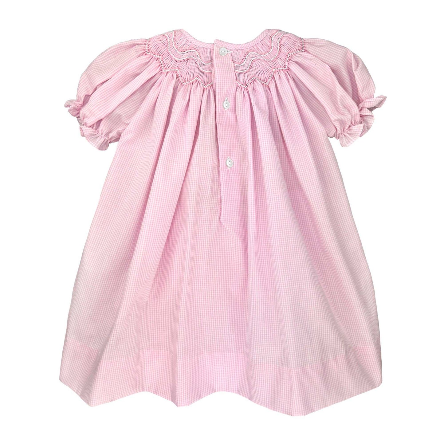 Pink Heirloom Bishop Zig-Zag Smocked Dress back