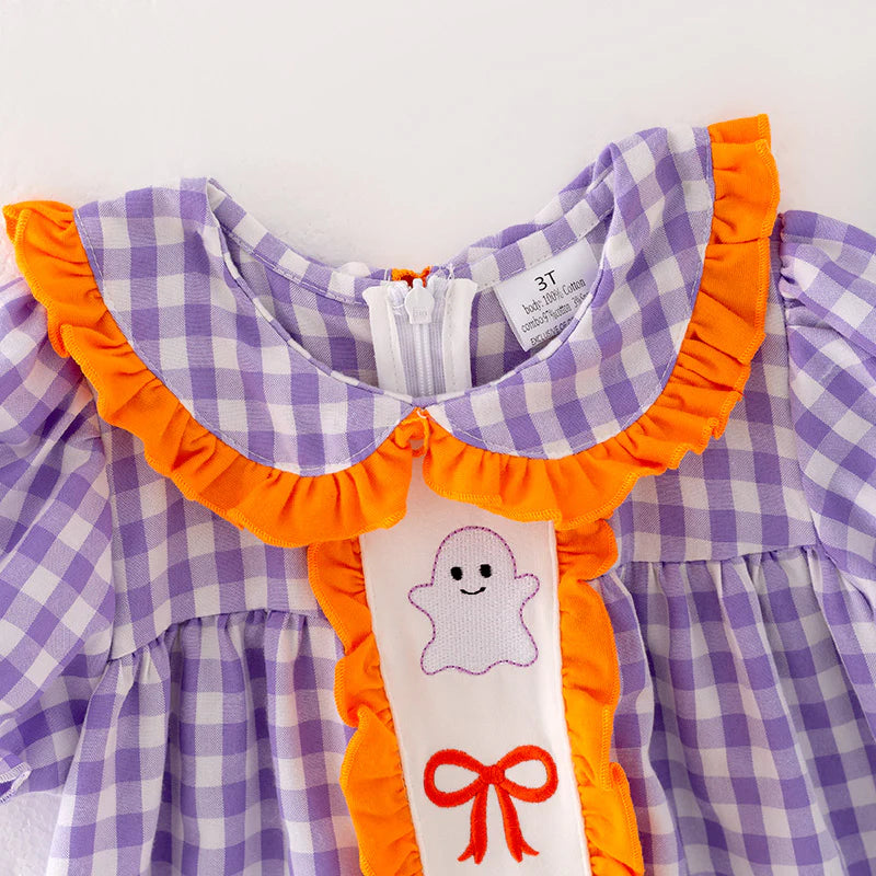 Girls Halloween Purple Plaid Embroidery Dress