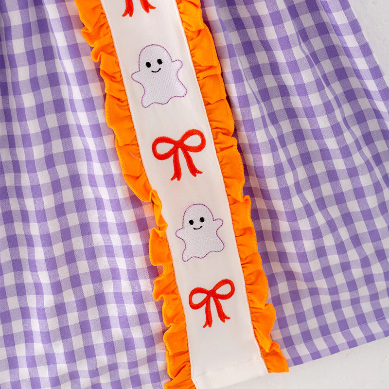 Girls Halloween Purple Plaid Embroidery Dress