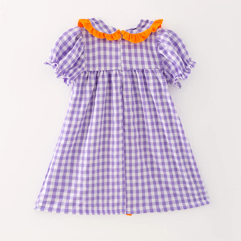 Girls Halloween Purple Plaid Embroidery Dress