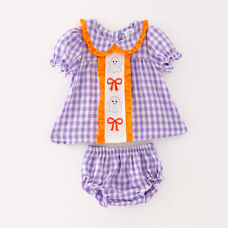 Girls Halloween Purple Plaid Embroidery Bloomer Set