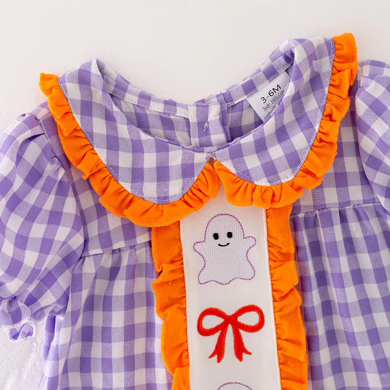 Girls Halloween Purple Plaid Embroidery Bloomer Set