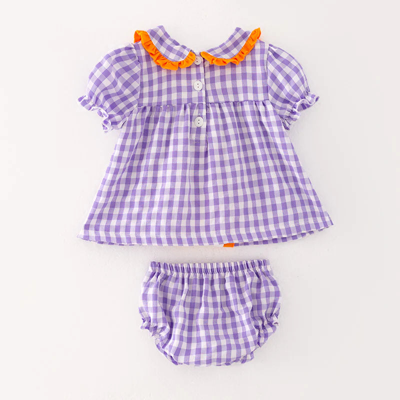 Girls Halloween Purple Plaid Embroidery Bloomer Set