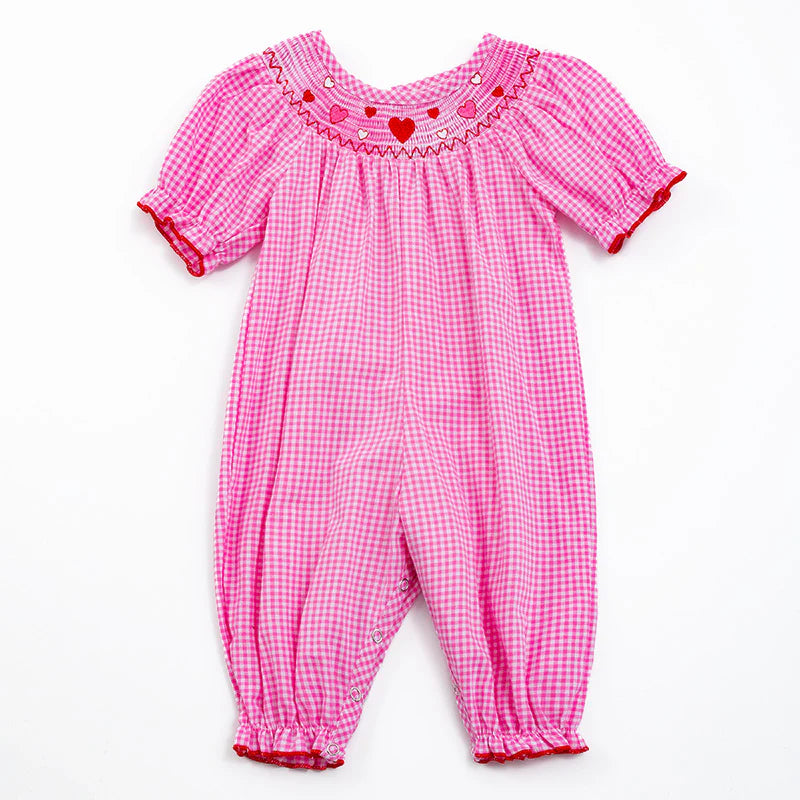 Girl's Baby Pink Heart Embroider Smocked Plaid Romper