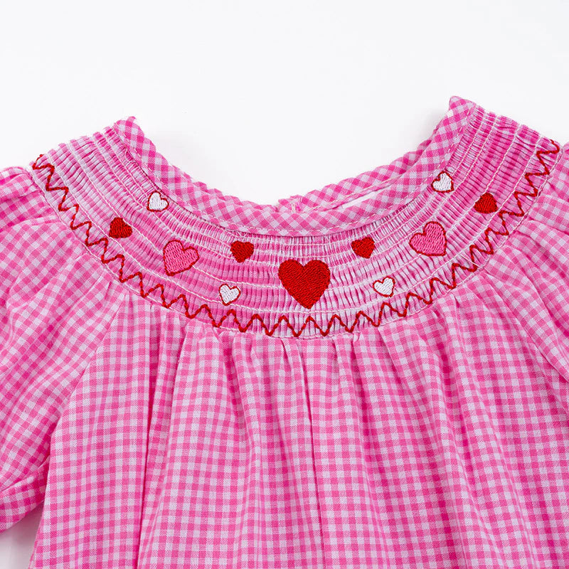 Girl's Baby Pink Heart Embroider Smocked Plaid Romper