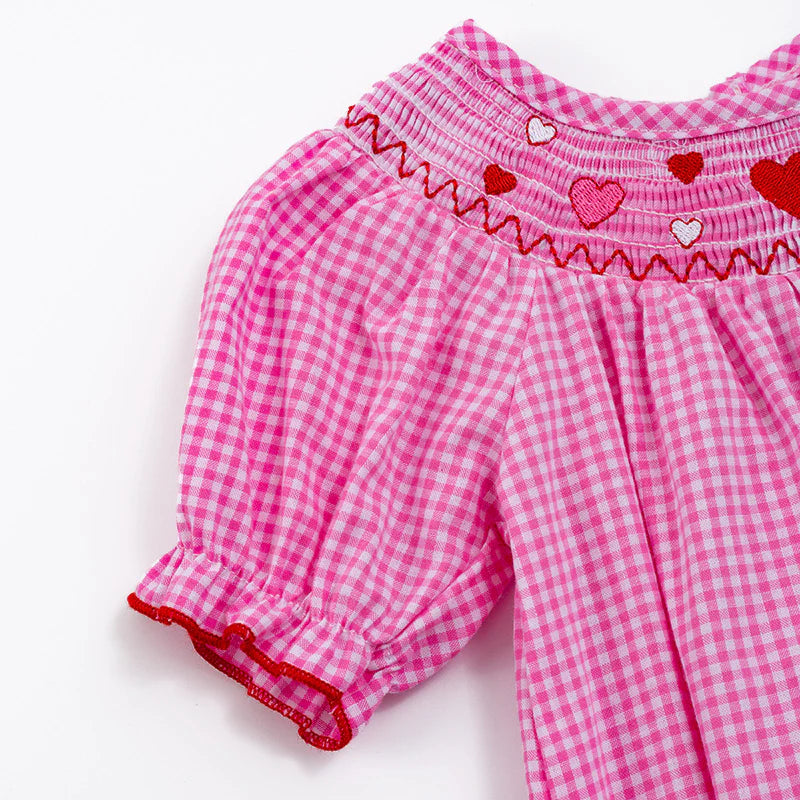 Girl's Baby Pink Heart Embroider Smocked Plaid Romper