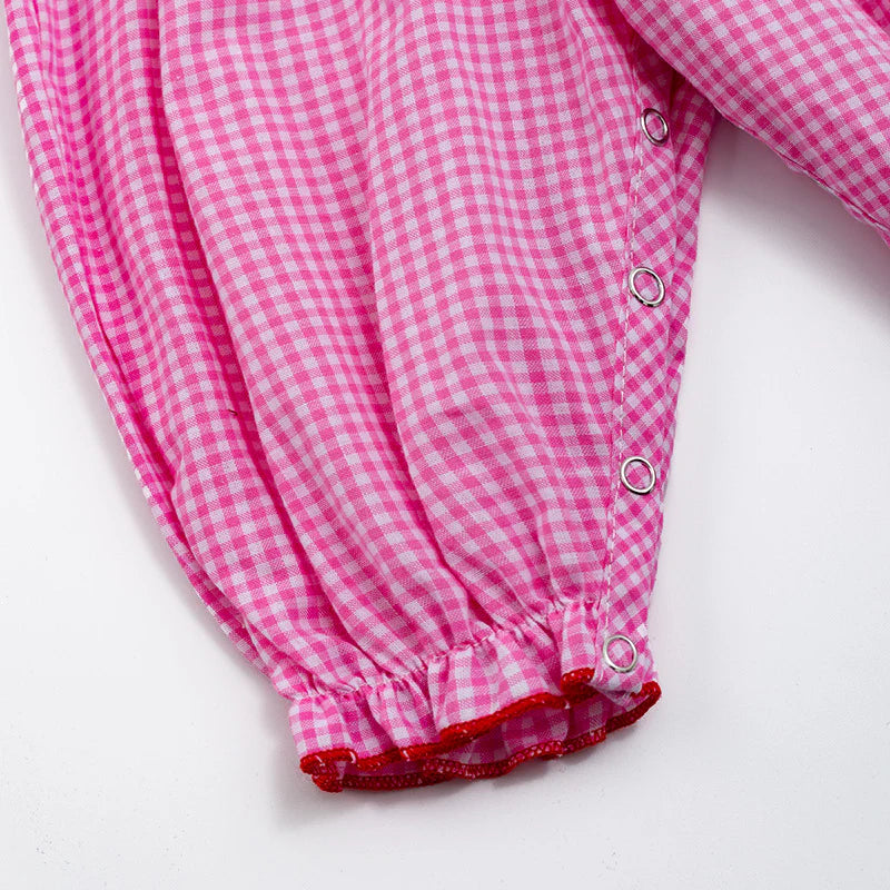 Girl's Baby Pink Heart Embroider Smocked Plaid Romper