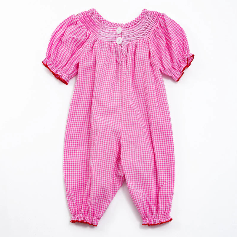 Girl's Baby Pink Heart Embroider Smocked Plaid Romper