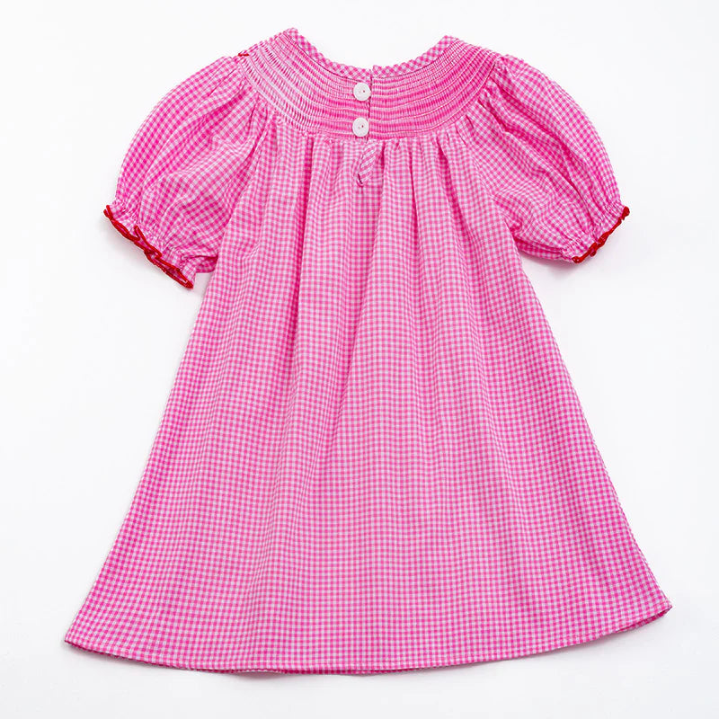 Girl's Pink Heart Embroider Smocked Plaid Dress