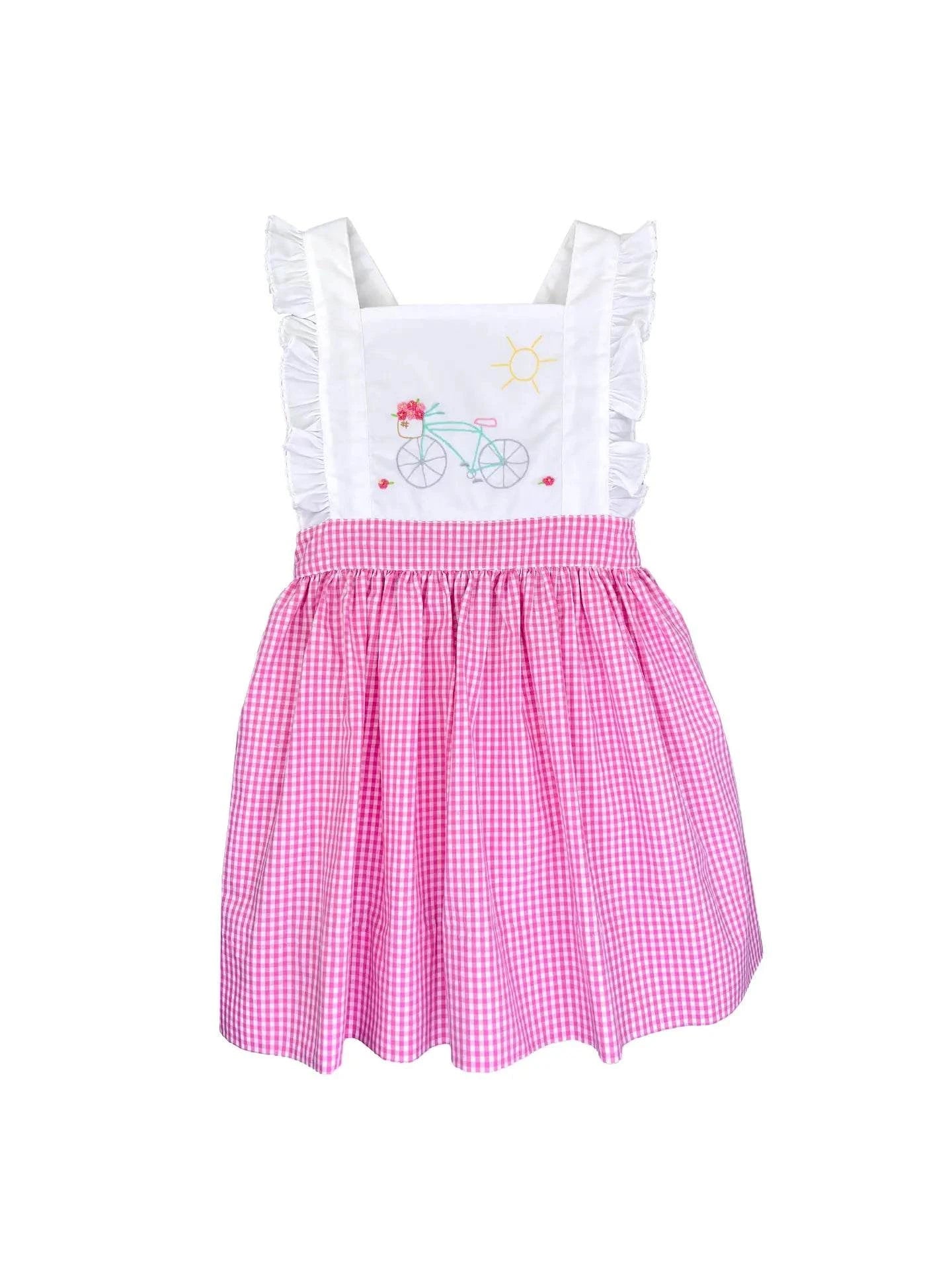 Pink Gingham Sundress with Bicycle Embroidery