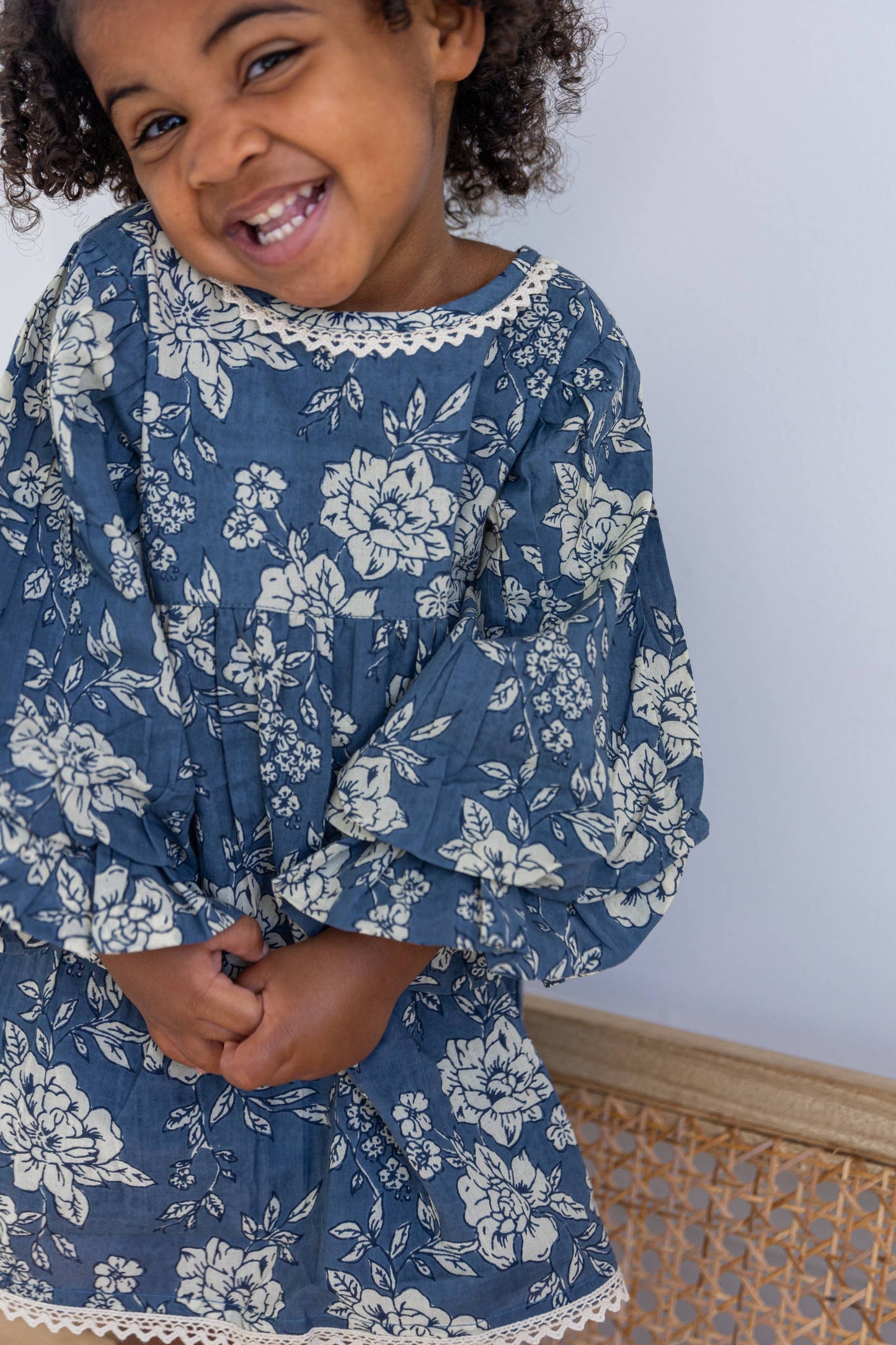 Grey Floral Printed Neck & Bottom Lace Long Sleeves Gathered
