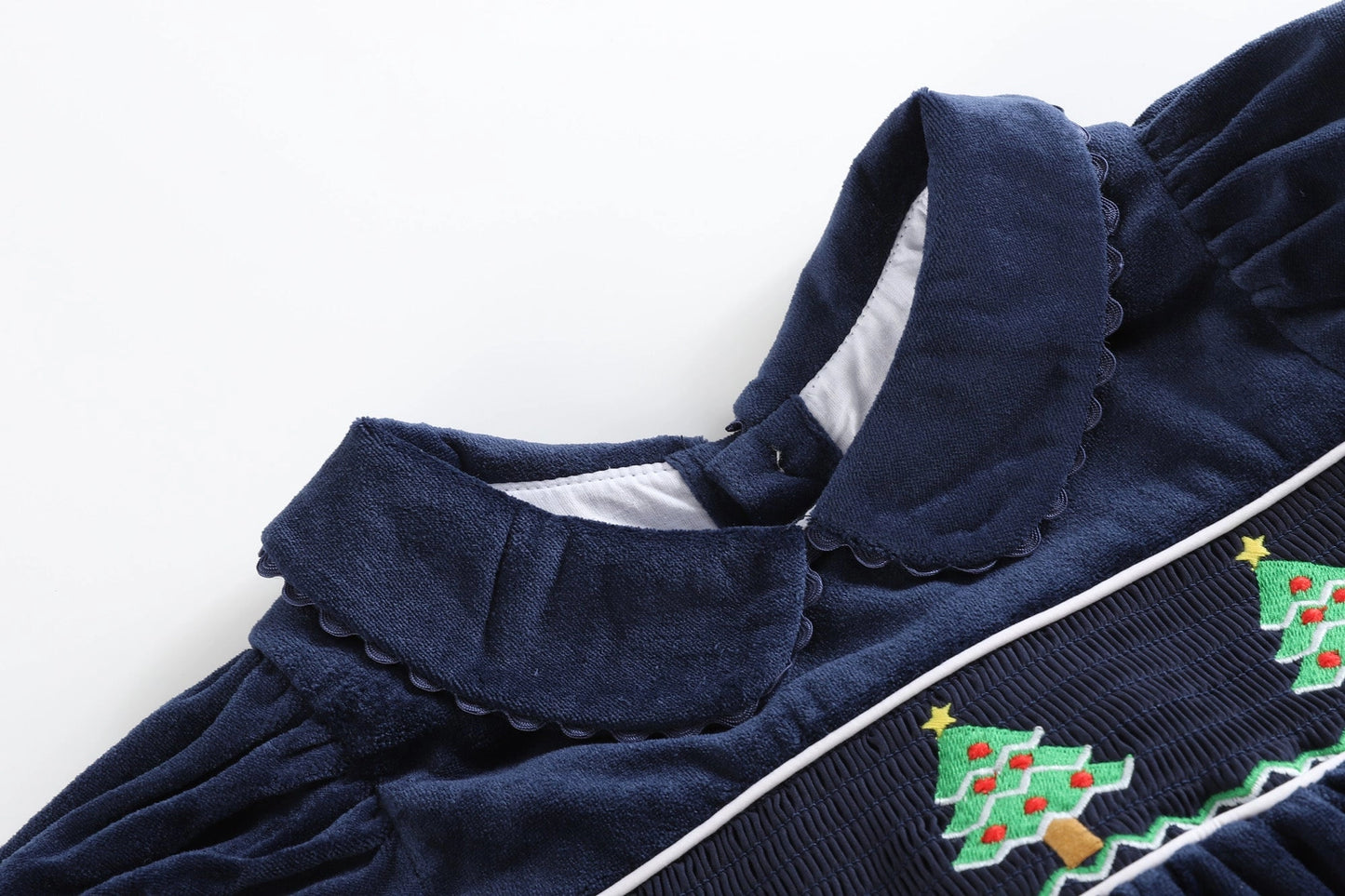 Blue Velour Christmas Tree Smocked Dress