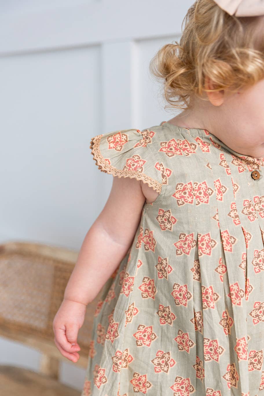 Sage-Green Floral Printed Box Pleat Dress