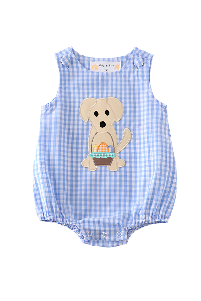 Premium Blue plaid dog applique boy bubble