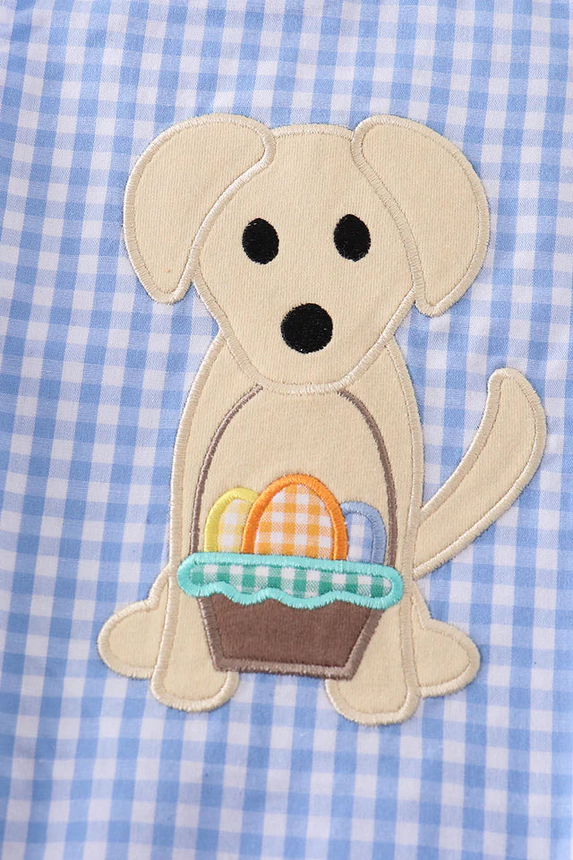 Blue plaid dog applique boy bubble