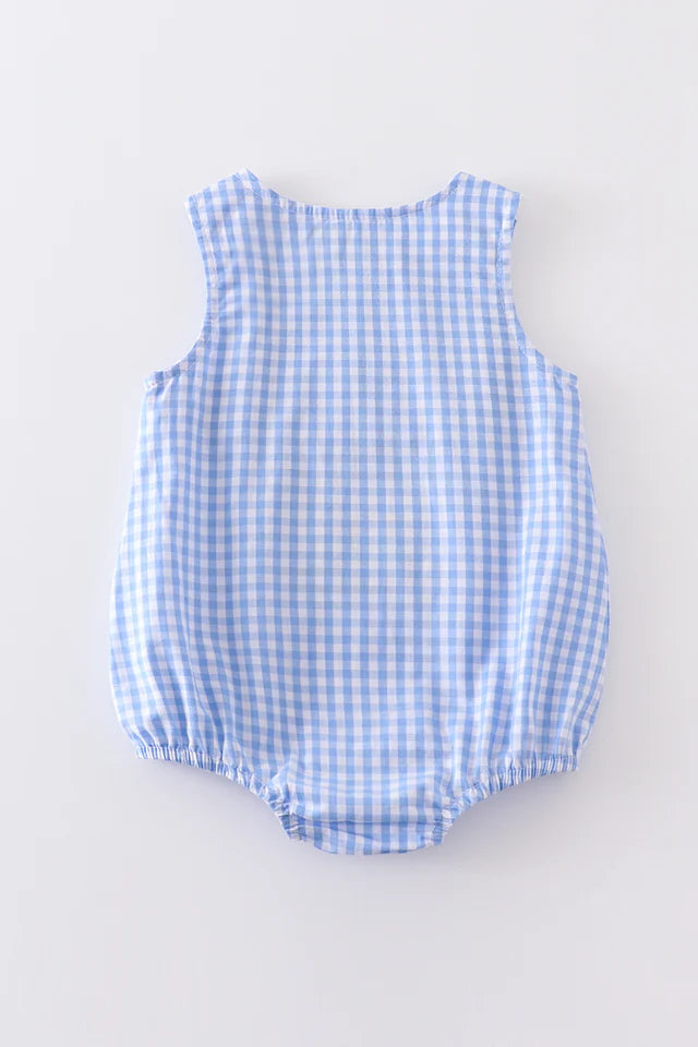 Blue plaid dog applique boy bubble