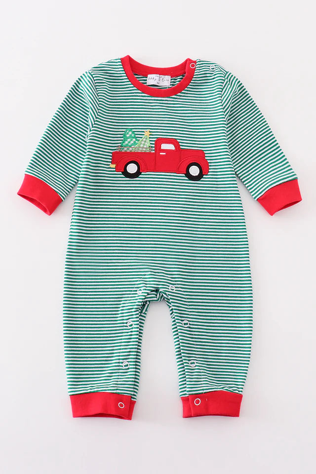 Premium green stripe christmas truck applique boy romper