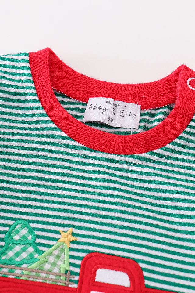 Premium green stripe christmas truck applique boy romper