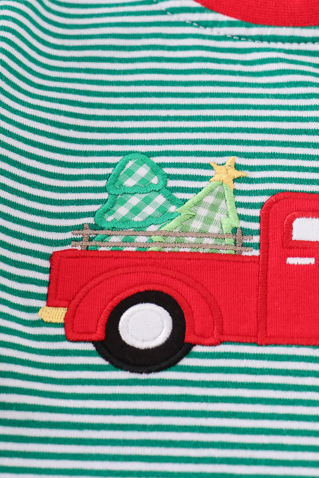 Premium green stripe christmas truck applique boy romper