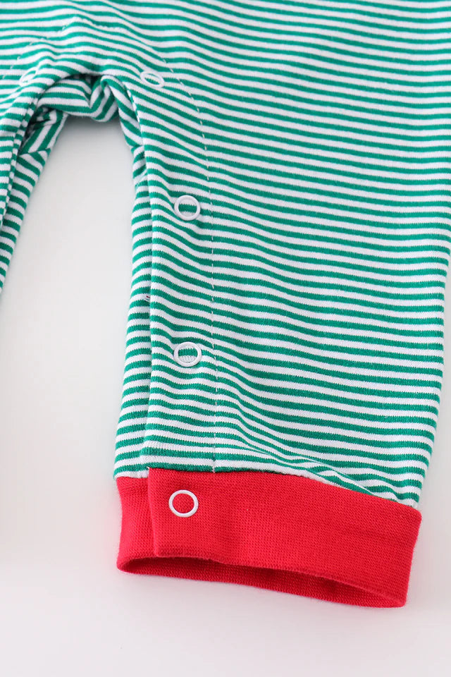 Premium green stripe christmas truck applique boy romper