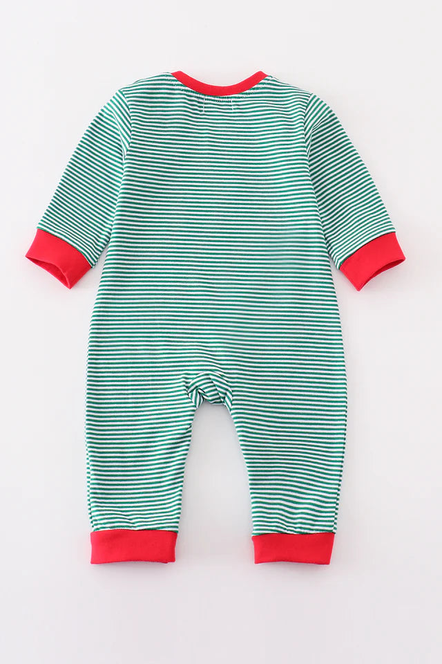 Premium green stripe christmas truck applique boy romper