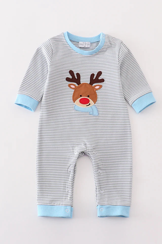 Premium stripe reindeer applique boy romper
