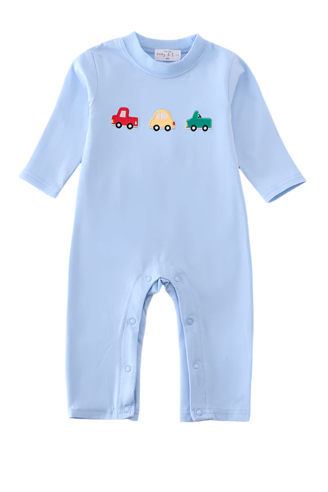 Premium blue vehicle applique boy romper