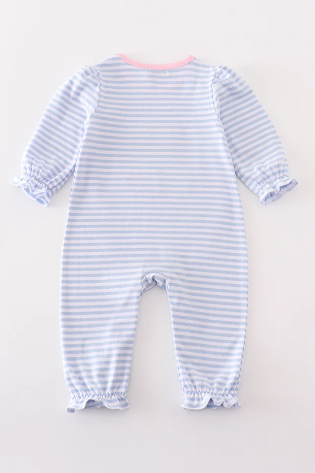 Premium blue stripe puppy applique girl romper