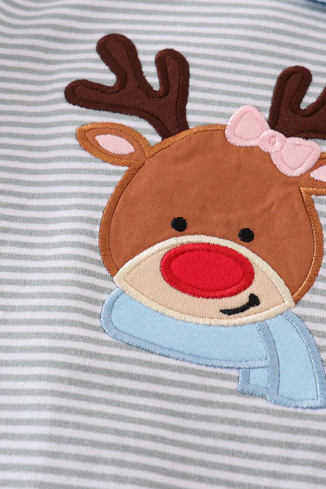 Premium stripe reindeer applique girl romper