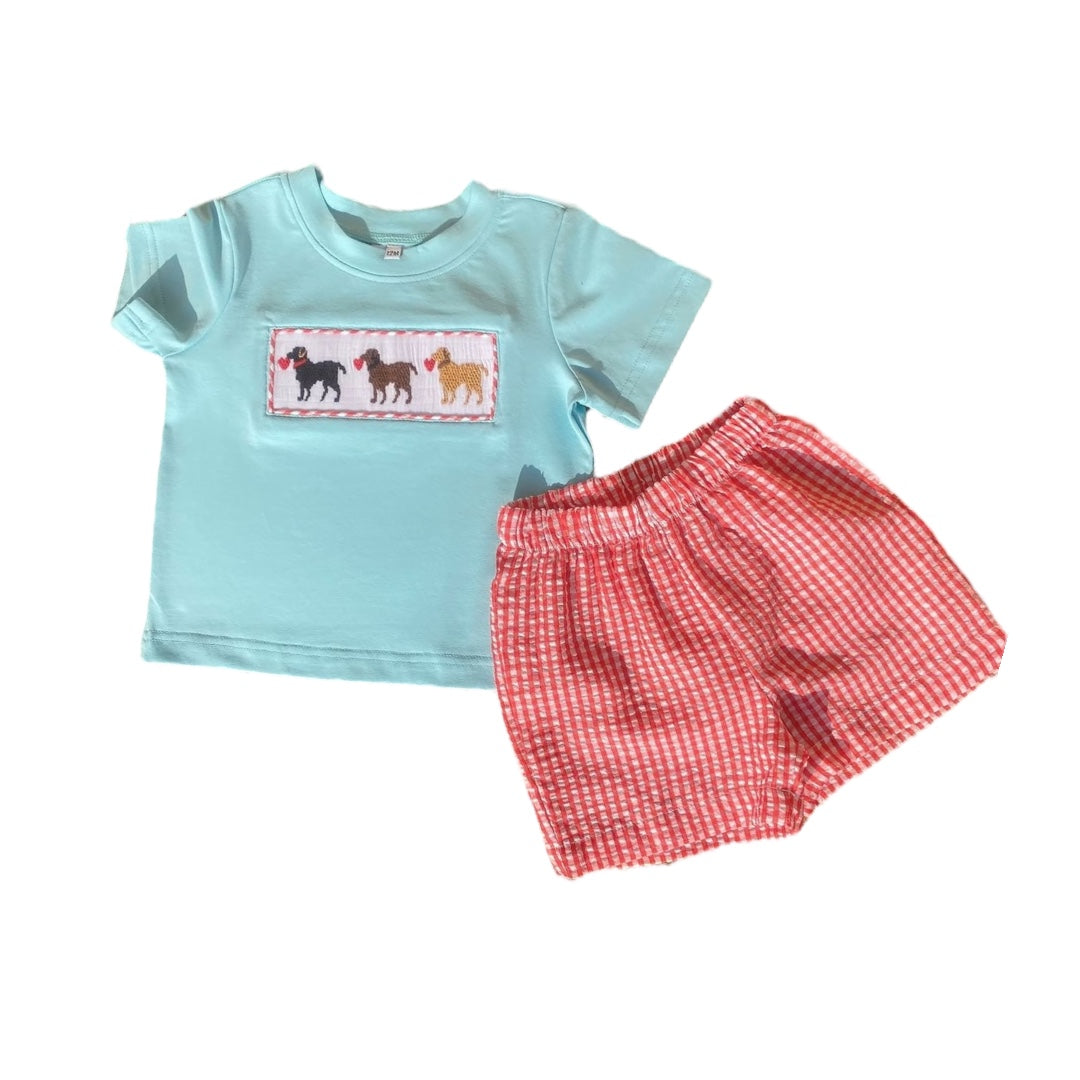 Hand Smocked Valentine Boy Puppy Short Set