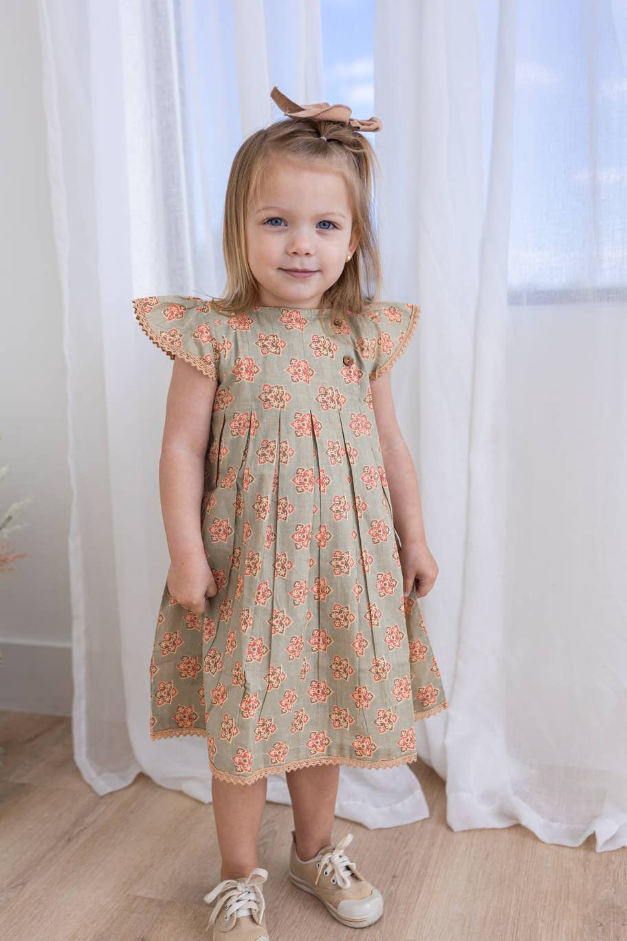 Sage-Green Floral Printed Box Pleat Dress