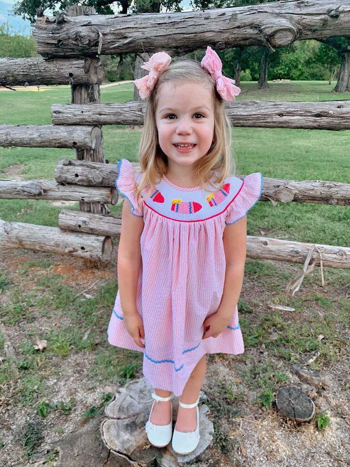 Hand smocked Pink Striped Bow and Crayon Dress