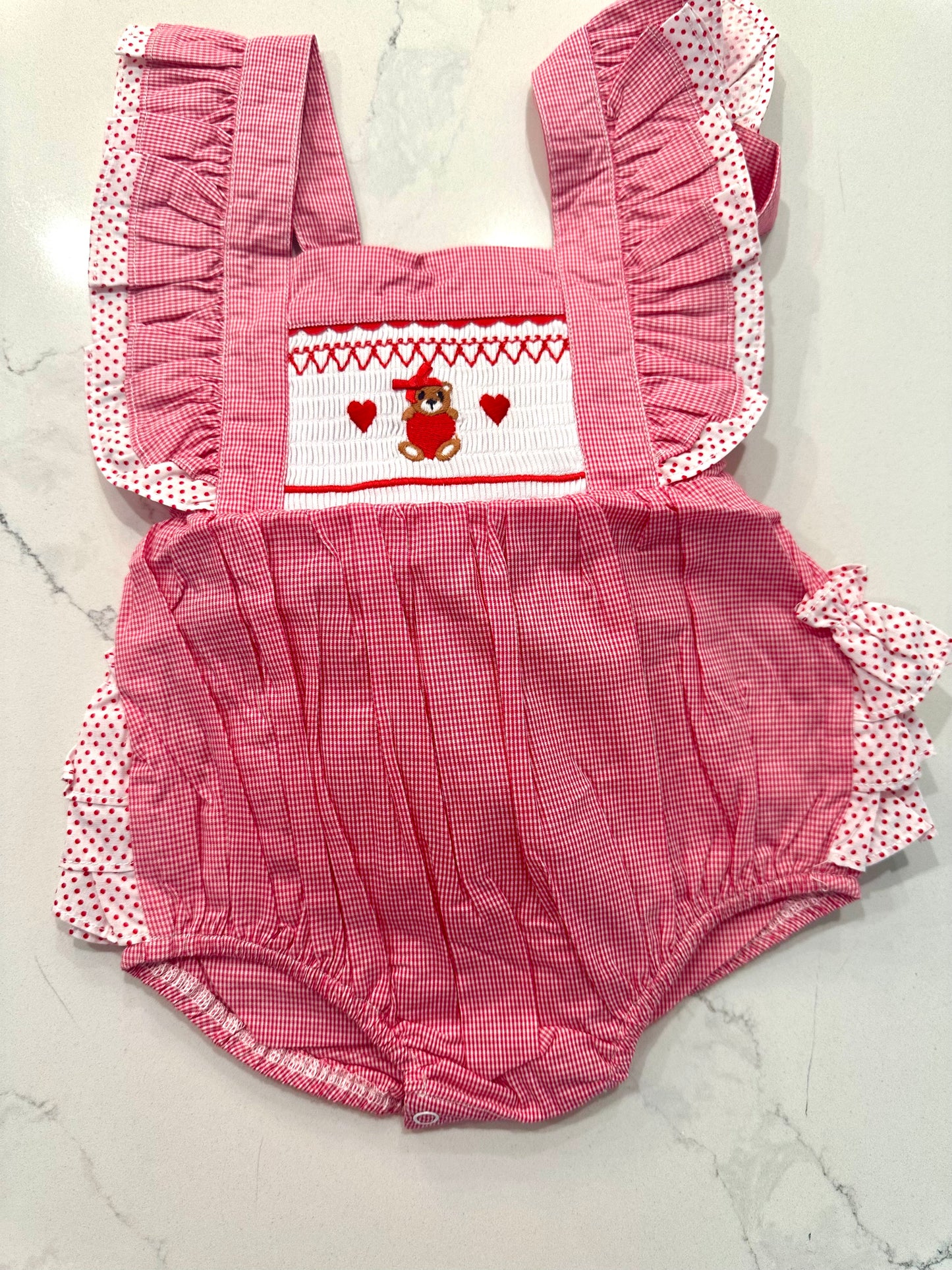 Valentine Smocked Romper with Ruffles on Back